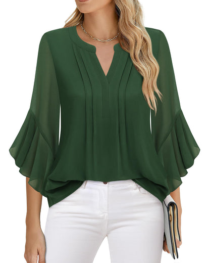 Beautiful Blouses For Ladies - Women's 3/4 Sleeve Chiffon Blouse Dressy Business Casual Work Shirt Army Green