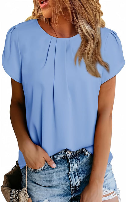 Polyester Blouses - Women's Chiffon Blouse Short Sleeve Pleated Top with Keyhole Back Detail Sky Blue