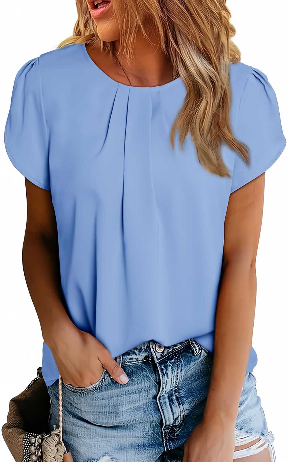 Polyester Blouses - Women's Chiffon Blouse Short Sleeve Pleated Top with Keyhole Back Detail Sky Blue
