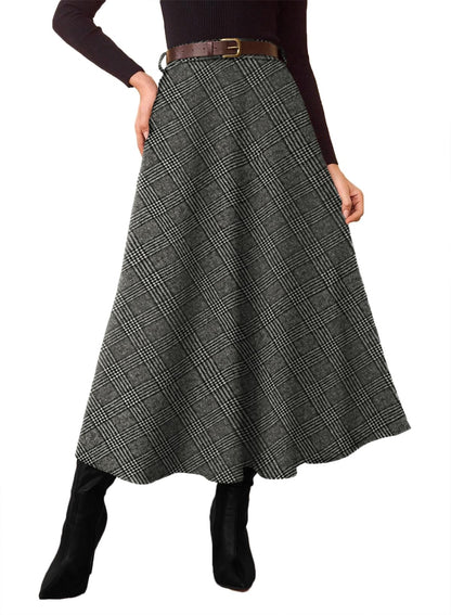 Women's Plaid Skirts - High Waist A-Line Midi Tartan Skirt with Pockets