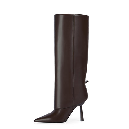 Modatope Knee High Chocolate Brown Fold Over Boots for Women Pointed Toe Stiletto Fall Boot Side Zipper Tall Fashion Boots Size 9