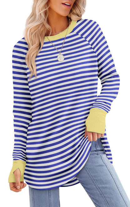 Tunic Top with Thumb Holes for Women - Long Sleeve Shirt with Curved Hem