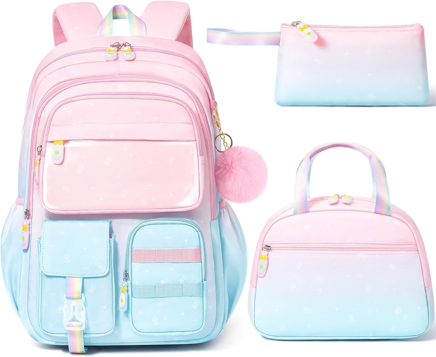 Girls School Backpack Set 3-Piece - Waterproof Kids Backpack with Lunch Box Pink Blue
