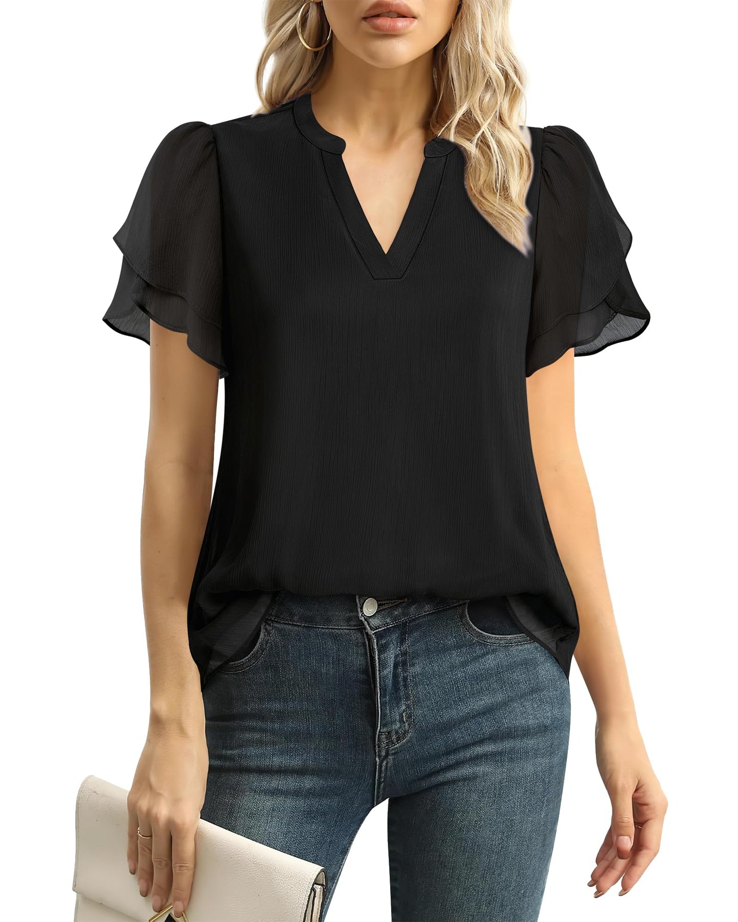 Polyester Blouses - Women's Chiffon Blouse V-Neck Puff Sleeve Summer Top for Work and Casual Wear Black