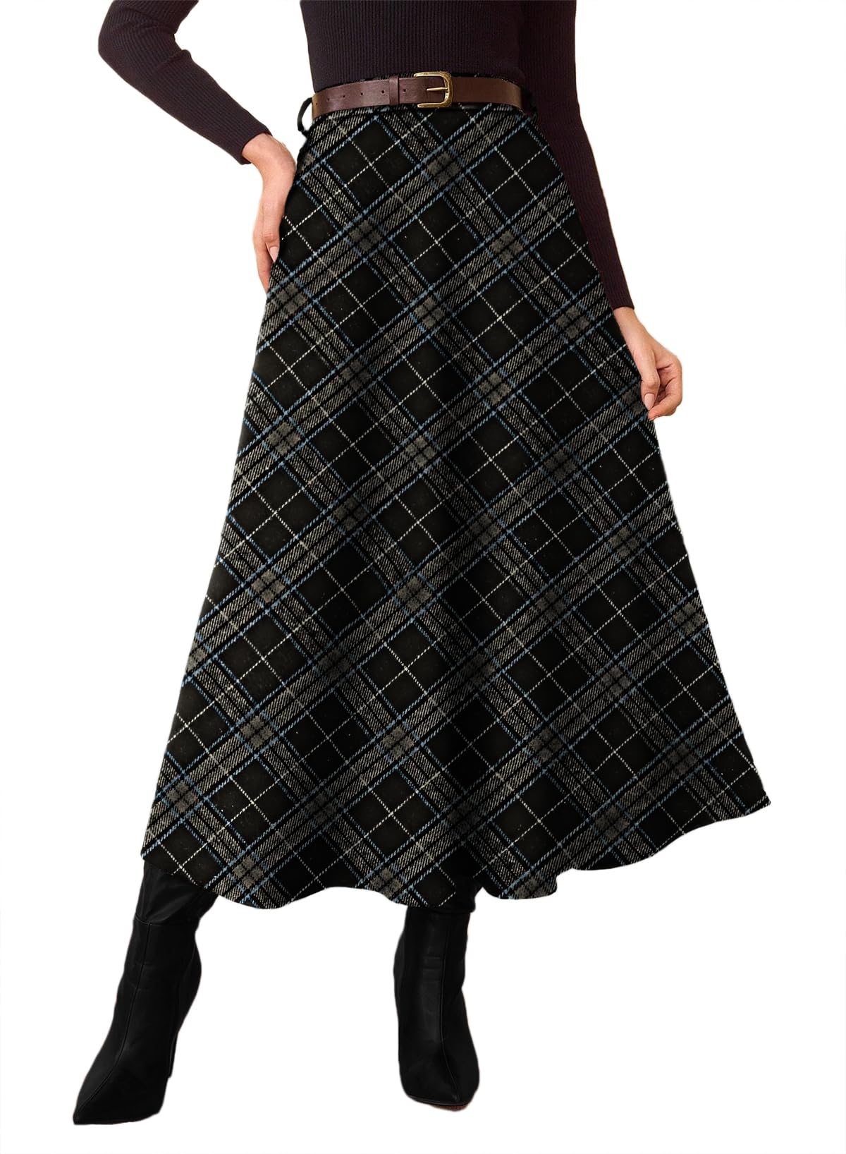 Women's Plaid Skirts - High Waist A-Line Midi Tartan Skirt with Pockets Black White