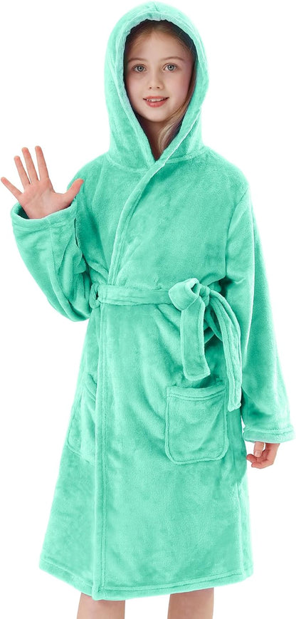 Girls Hooded Fleece Bathrobe - Soft Plush Warm Robe for Kids 3-14 Years