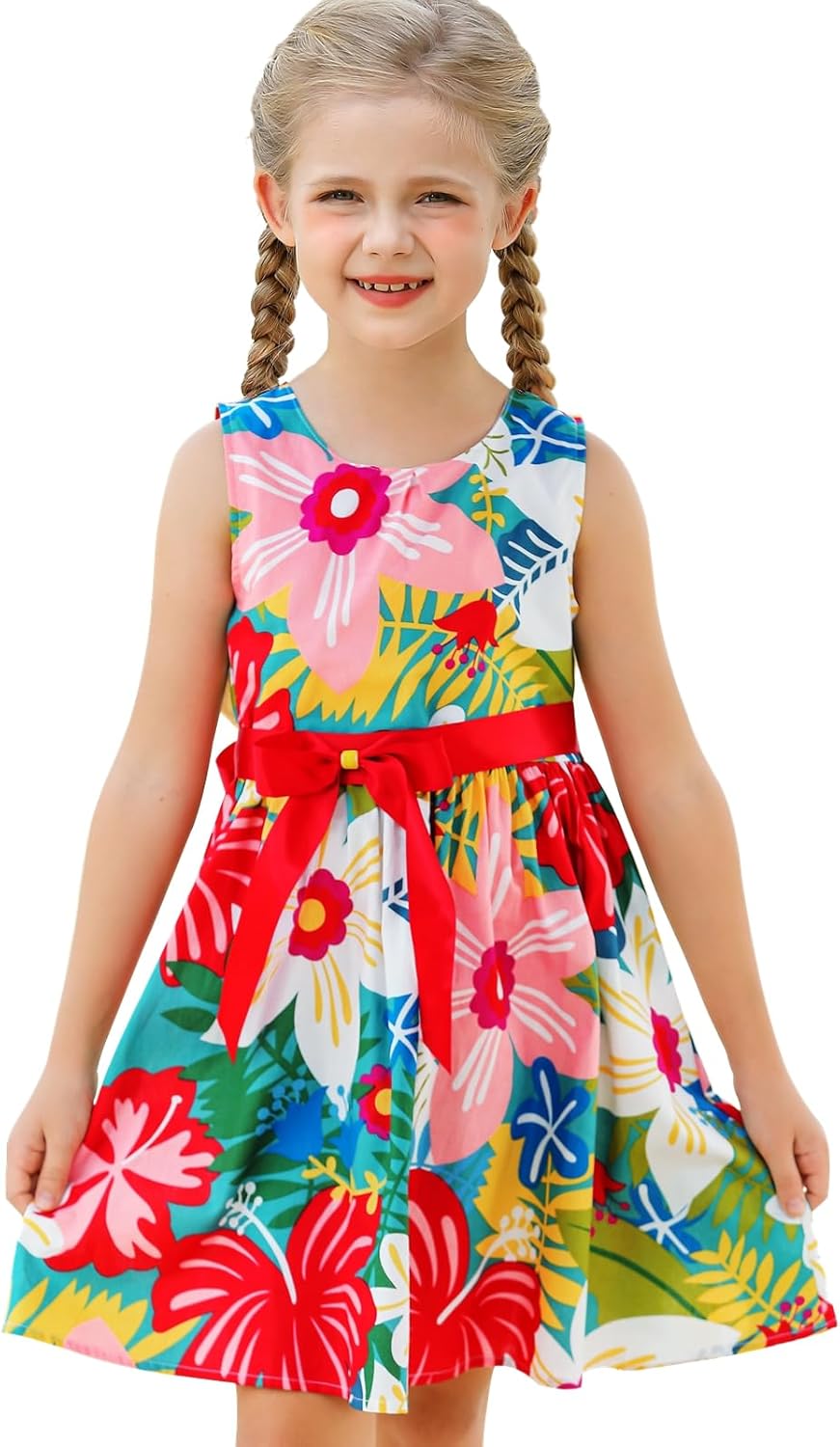 Girls Floral Cotton Dress - Sleeveless Summer Dress with Zipper Closure E66