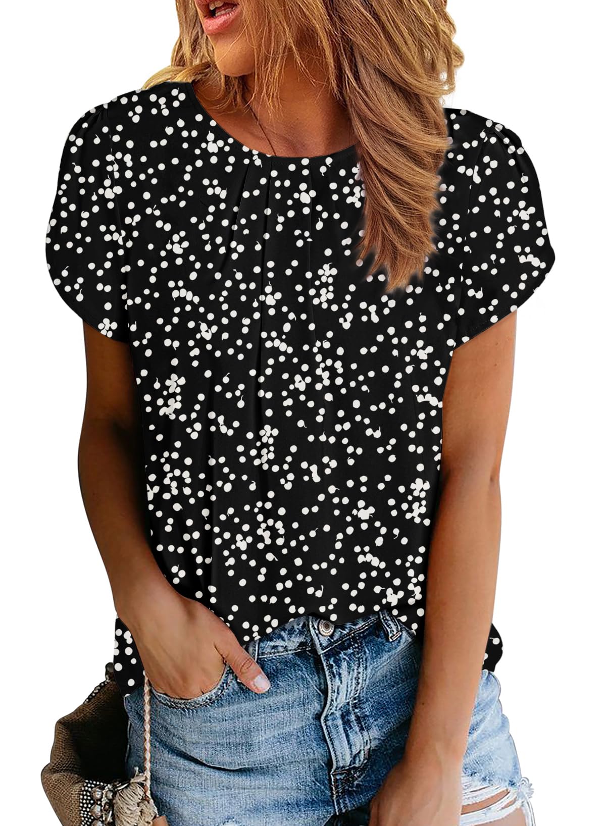 Polyester Blouses - Women's Chiffon Blouse Short Sleeve Pleated Top with Keyhole Back Detail