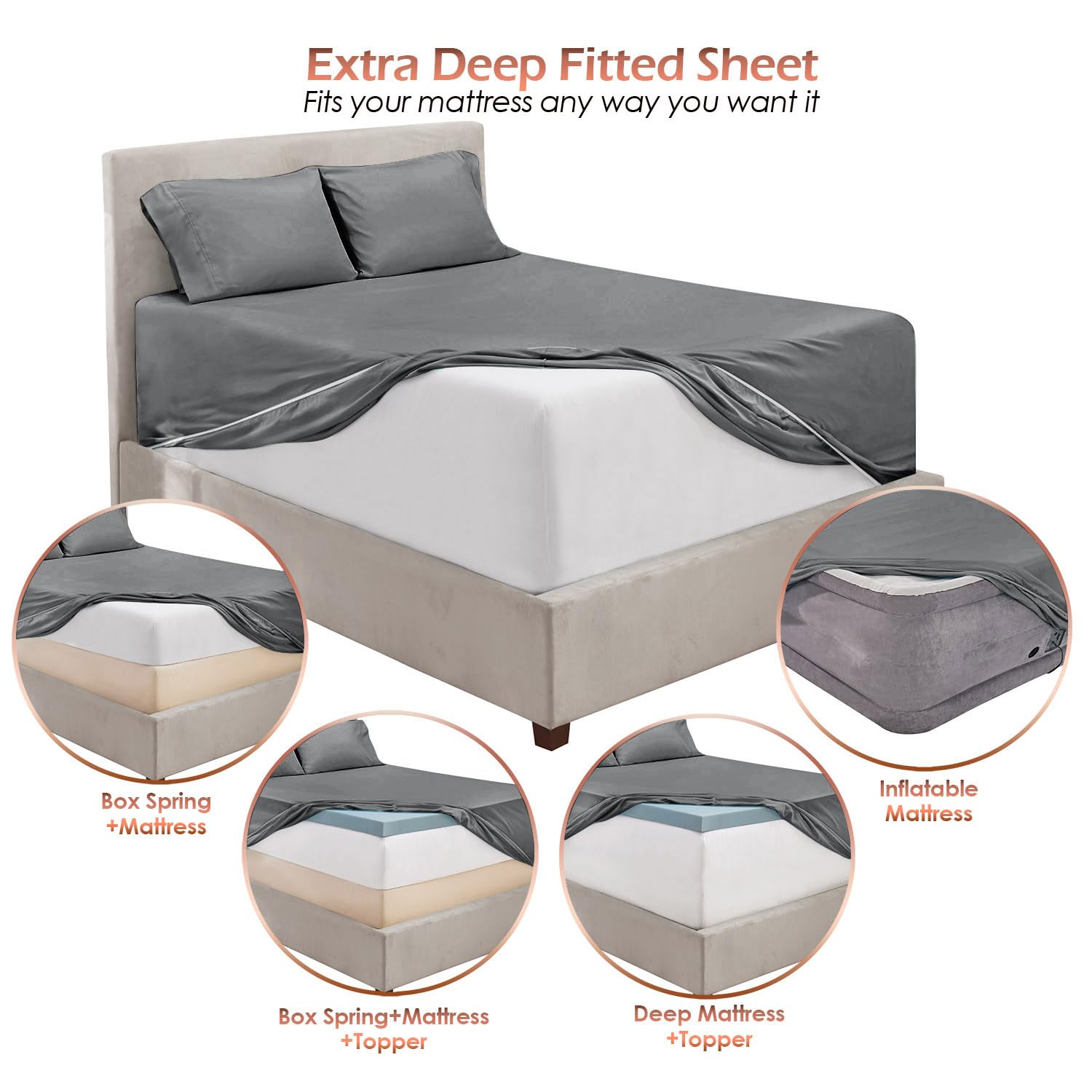 King Size Deep Pocket Sheet Set 6 Piece - Extra Deep Fitted Sheets 18-24 Inch Microfiber Linen