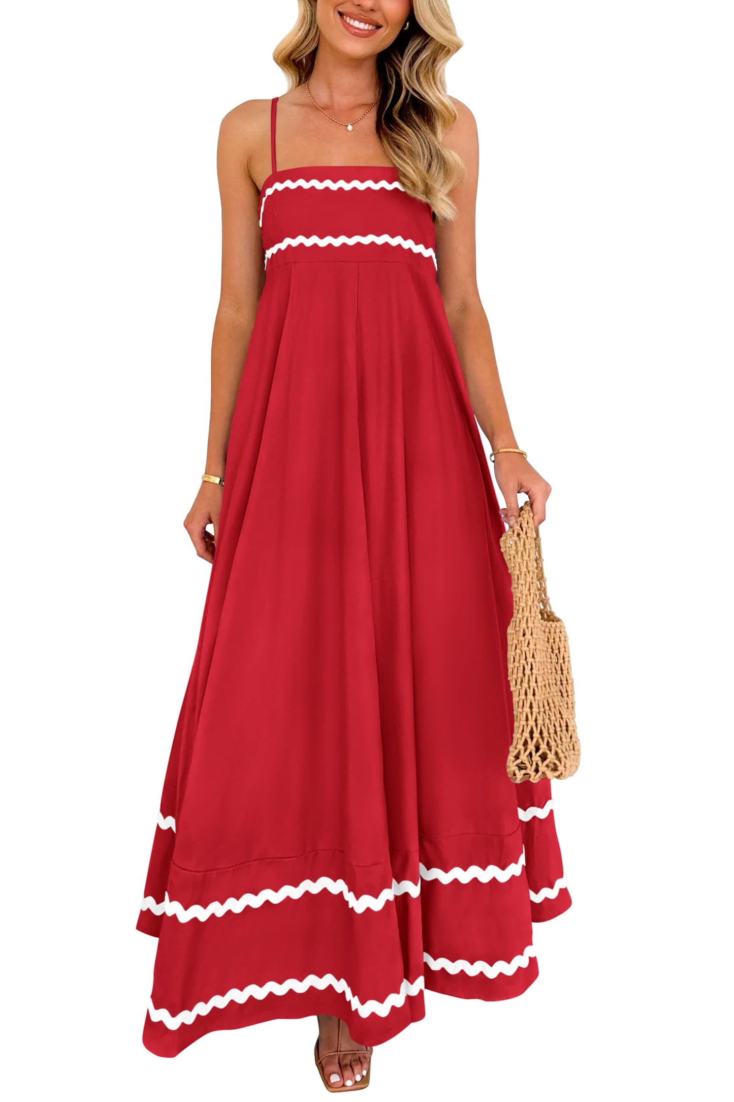 Blue Casual Dresses - Women's Sleeveless Spaghetti Strap Maxi Dress - Flowy Beach Ruffle Wine Red