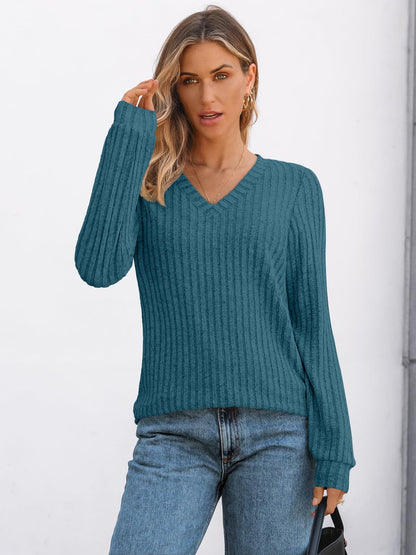 V Neck Long Sleeve Sweater for Women - Loose Fit Tunic Top for Fall & Winter