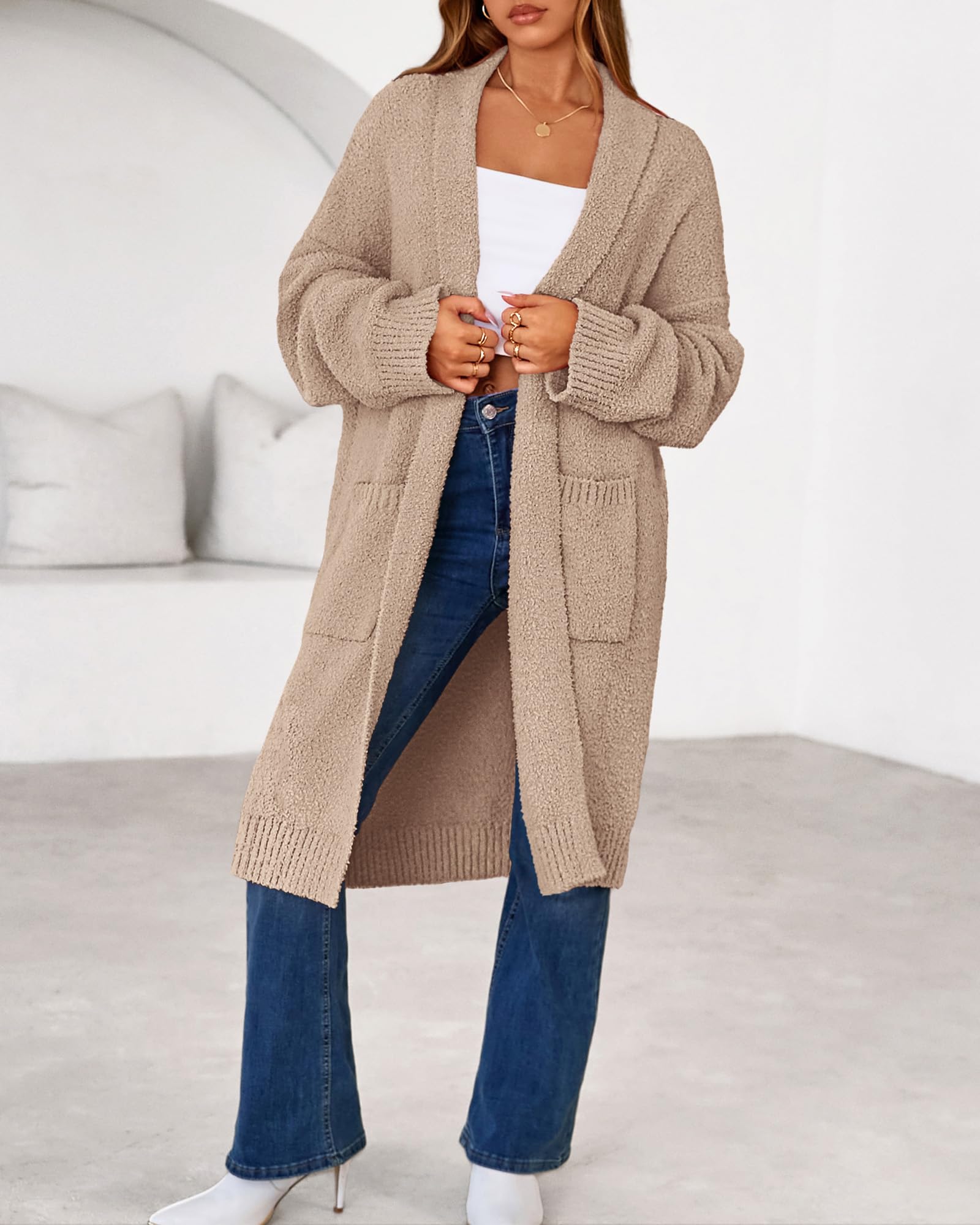 Women's Long Cardigan Sweater - Open Front Oversized Knit Coat with Pockets