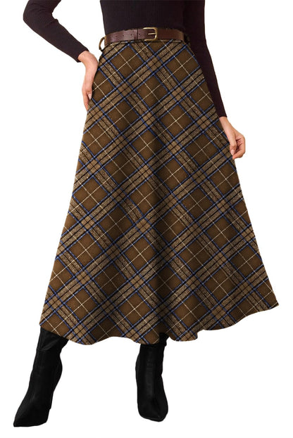 Women's Plaid Skirts - High Waist A-Line Midi Tartan Skirt with Pockets Chestnut