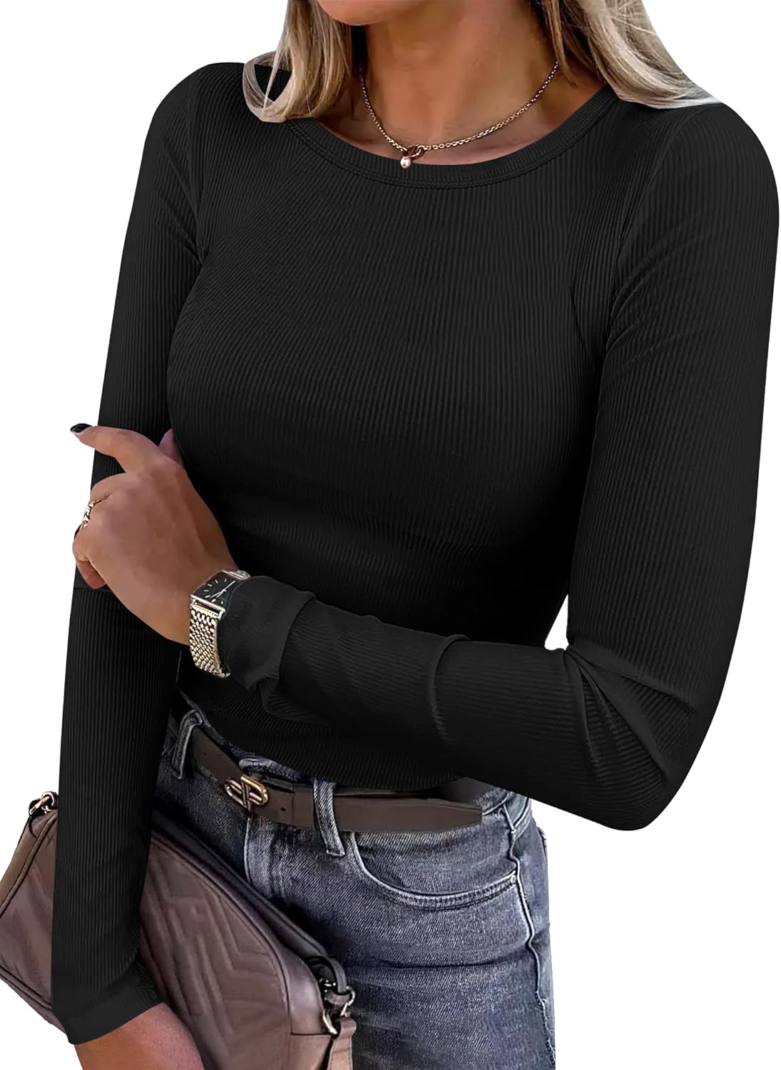 Women's Long Sleeve Rib Knit Shirt Slim Fit Crew Neck Basic Tee Black