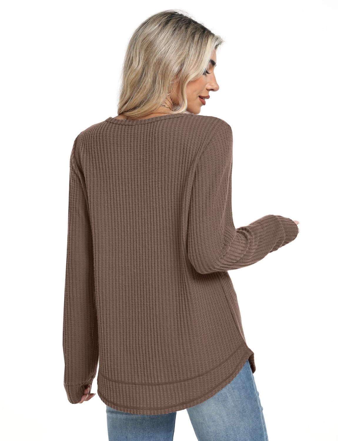 Women's Tunic Tops - Loose Fit Waffle Knit Long Sleeve Crewneck Sweaters