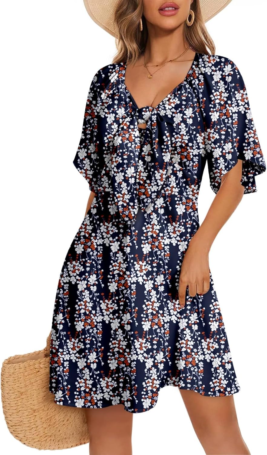 Women's Deep V-Neck Mini Dress with Bow Tie - Elegant Summer Fall Outfit Multicoloured F