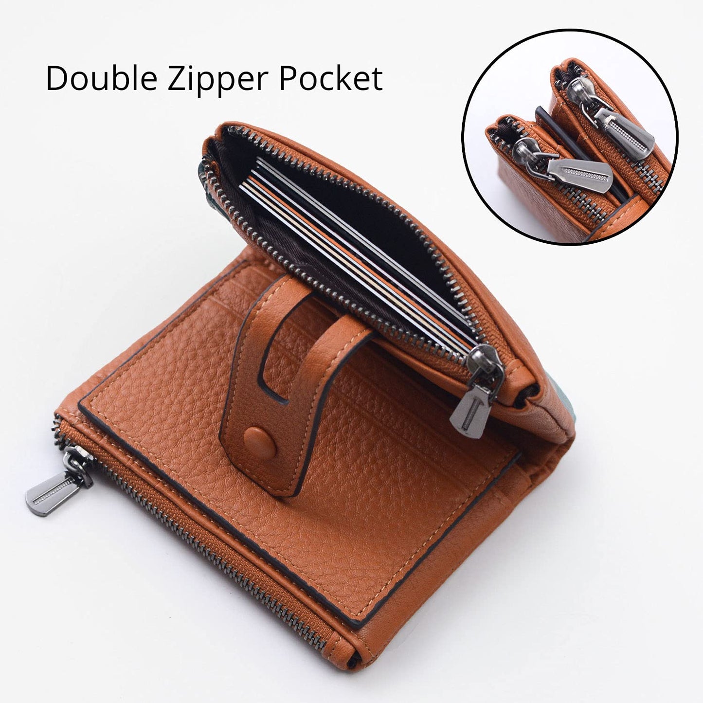 Women Leather Wallet - Small RFID Blocking Card Holder with Double Zipper