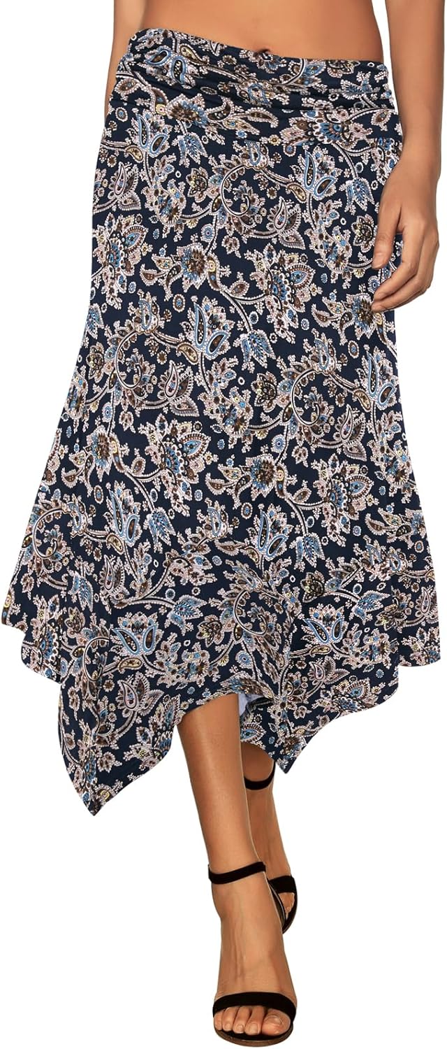 Women's Flowy Handkerchief Hemline Midi Skirt - Elastic Waist Asymmetrical Hem Blue Paisley