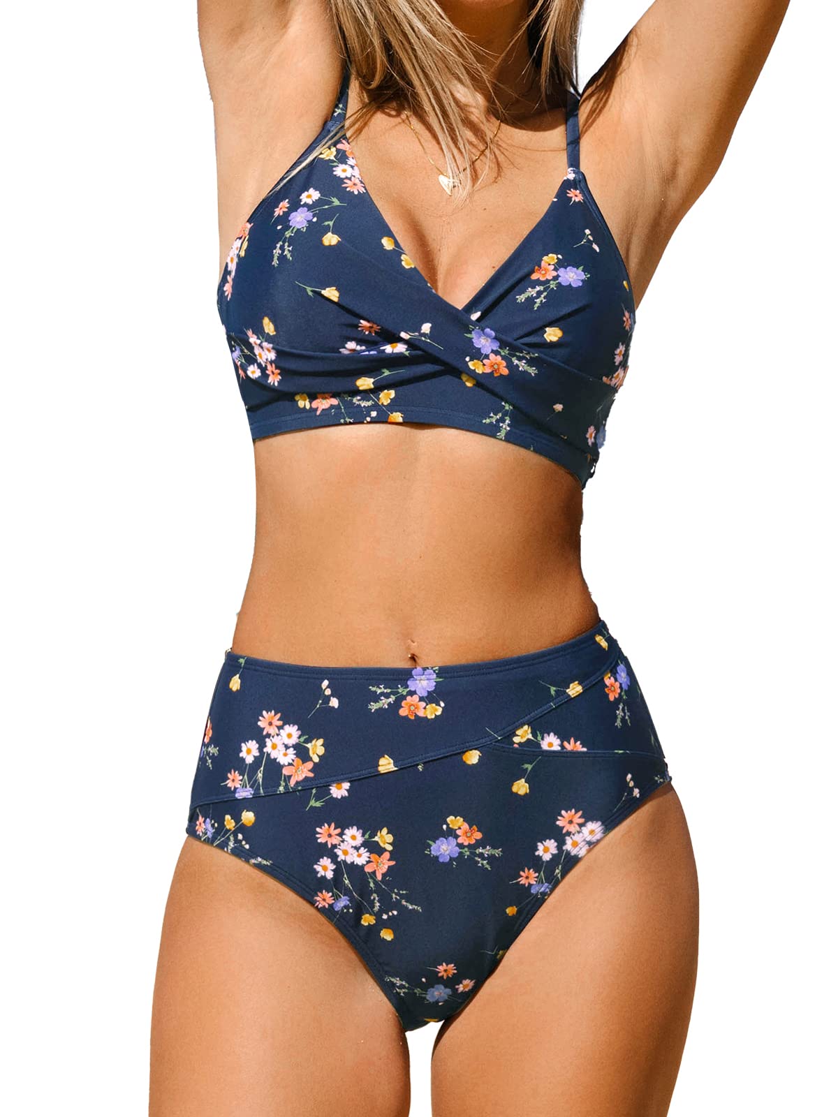 Women's High Waisted Bikini Set - V Neck Twist Front Two Piece Swimsuit with Adjustable Straps Navy Blue Floral