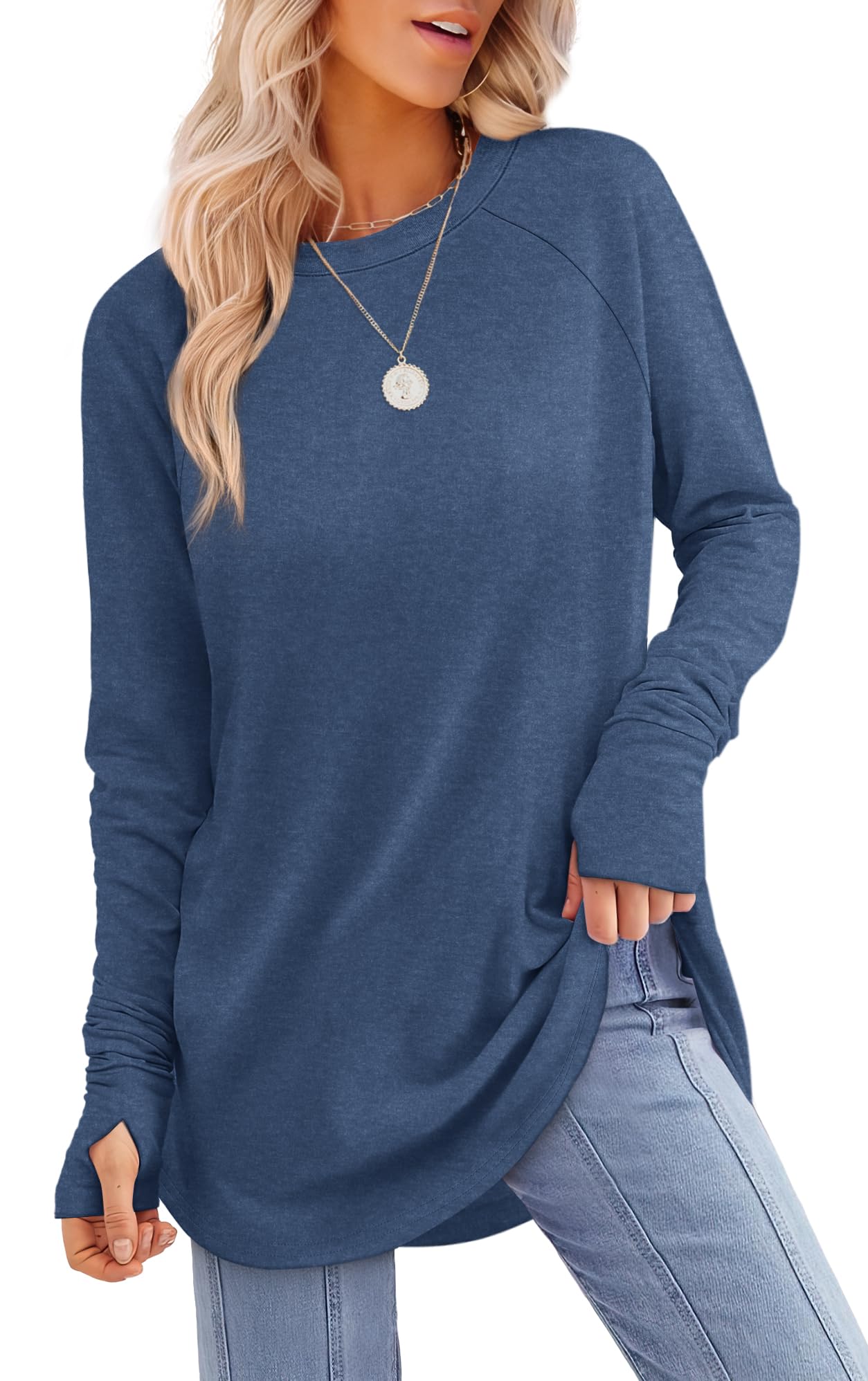 Tunic Top with Thumb Holes for Women - Long Sleeve Shirt with Curved Hem