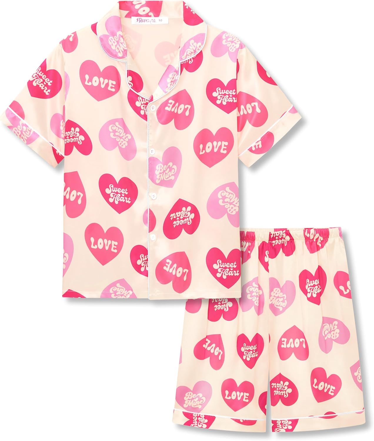 Girls Satin Pajama Set - Silky Button Down PJ with Shorts Size 6-16 Beige & Pink Sweet Heart (Short Sleeve & Shorts)