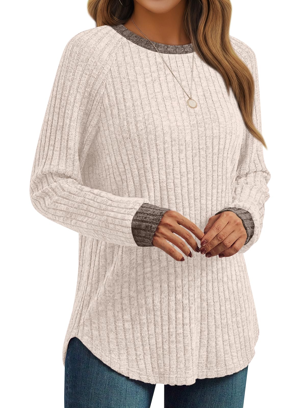 Women's Long Sleeve Tunic Tops - Dressy Casual Color Block Sweaters Apricot 02