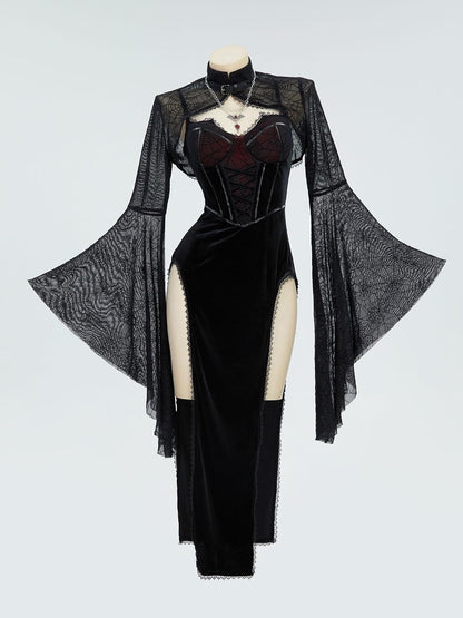 Gothic Vampire Costume - Women's Bodycon Dress with Spiderweb Cloak and Accessories