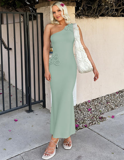 Women's One Shoulder Maxi Dress - Floral Ribbed Knit Summer Cocktail Dress