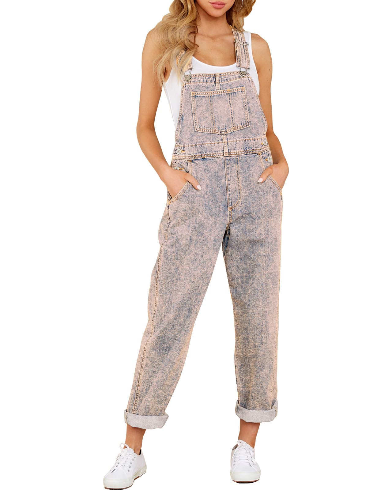 Denim Bib Overalls - Adjustable Loose Fit Jeans Jumpsuit for Women X-Large Vintage Pink