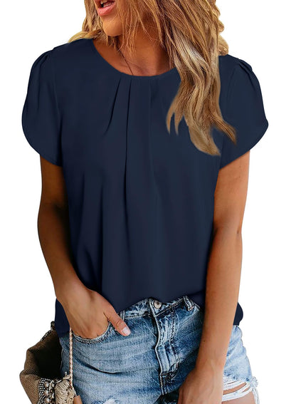 Polyester Blouses - Women's Chiffon Blouse Short Sleeve Pleated Top with Keyhole Back Detail Navy Blue