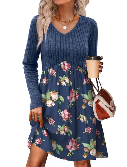 Women's Long Sleeve Sweater Dress - V Neck Empire Waist Babydoll Dress with Pockets