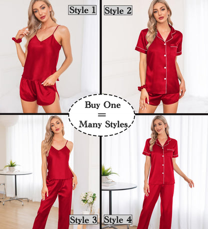 SWOMOG Womens Silk Satin Pajamas Sets 7pcs Sleepwear Sexy Cami Shorts Set and Button Down Short Sleeve Satin Pjs