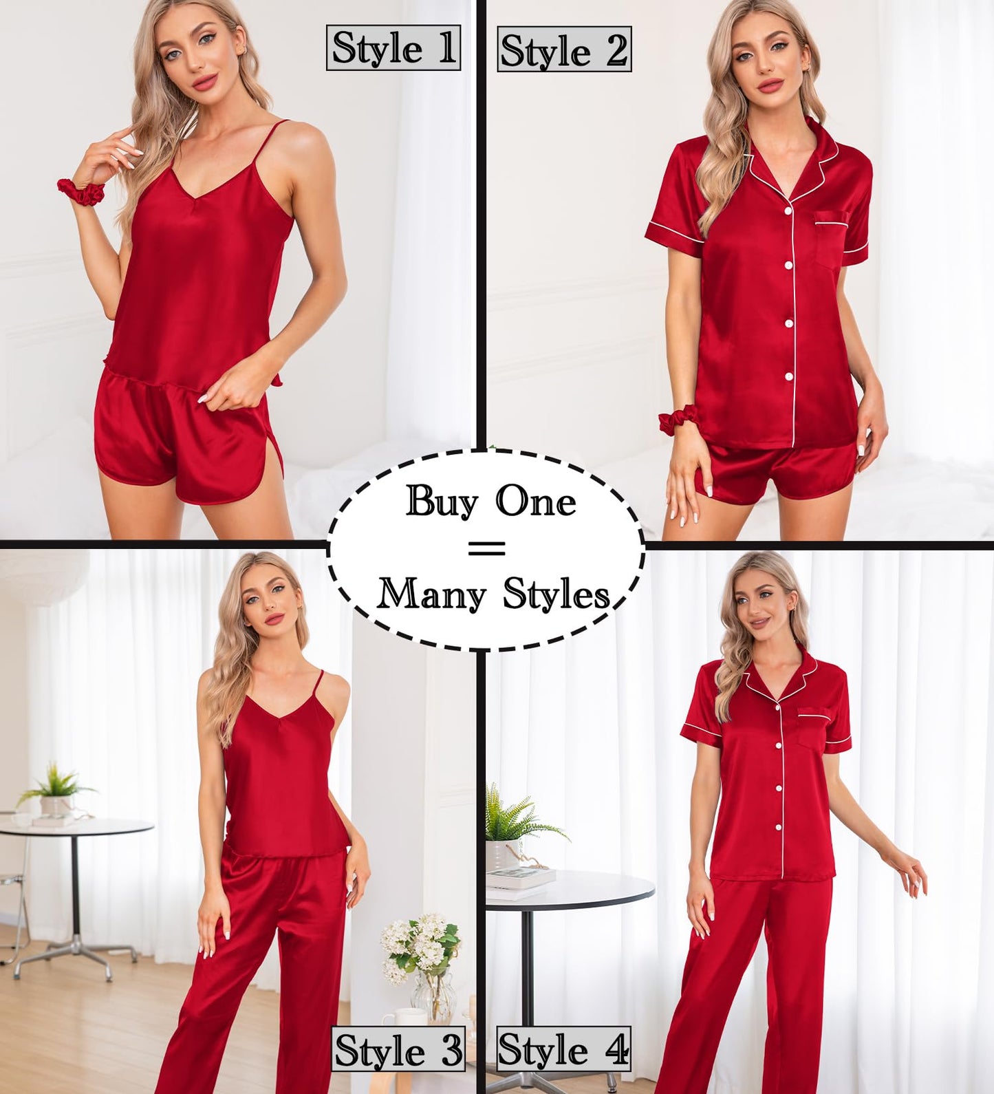 SWOMOG Womens Silk Satin Pajamas Sets 7pcs Sleepwear Sexy Cami Shorts Set and Button Down Short Sleeve Satin Pjs