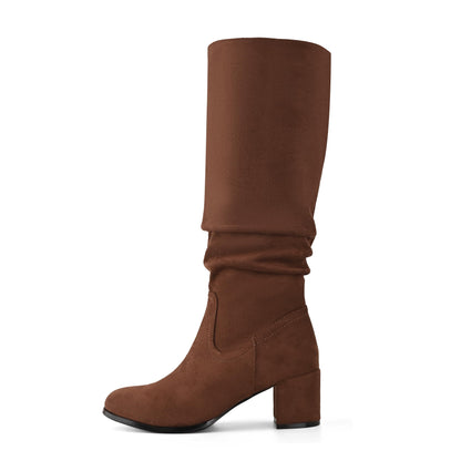 Shoe'N Tale Women's Knee High Boots Chunky Heel Pointed Toe Suede Slouch Winter Shoes with Side Zipper