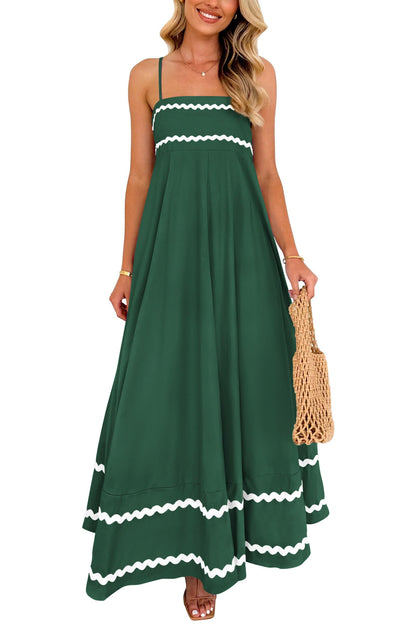 Blue Casual Dresses - Women's Sleeveless Spaghetti Strap Maxi Dress - Flowy Beach Ruffle Dark Green