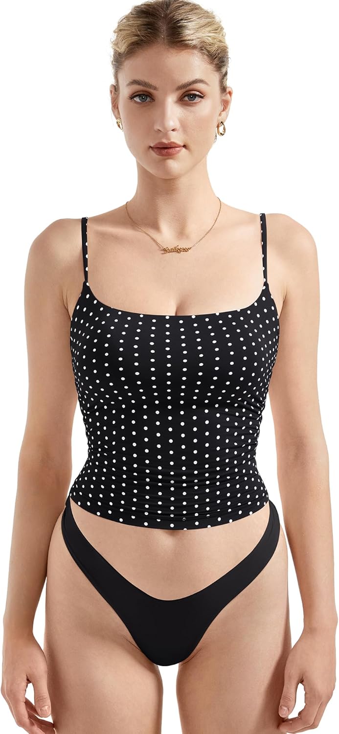 Women Square Neck Tank Top - Summer Cami with Adjustable Straps Black Polka Dots