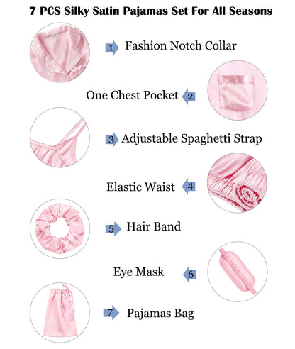 SWOMOG Womens Silk Satin Pajamas Sets 7pcs Sleepwear Sexy Cami Shorts Set and Button Down Short Sleeve Satin Pjs