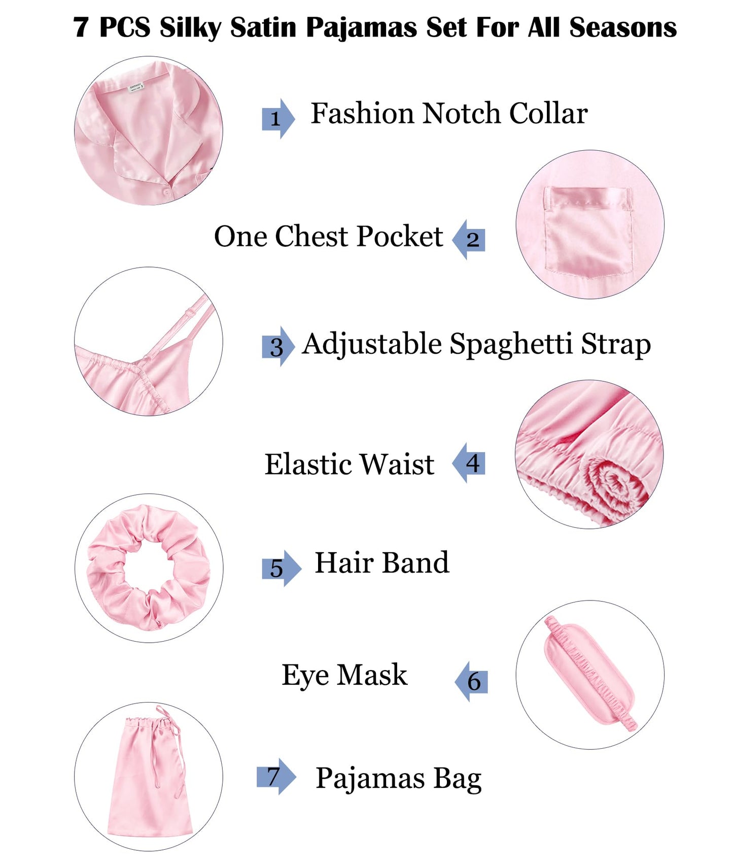 SWOMOG Womens Silk Satin Pajamas Sets 7pcs Sleepwear Sexy Cami Shorts Set and Button Down Short Sleeve Satin Pjs