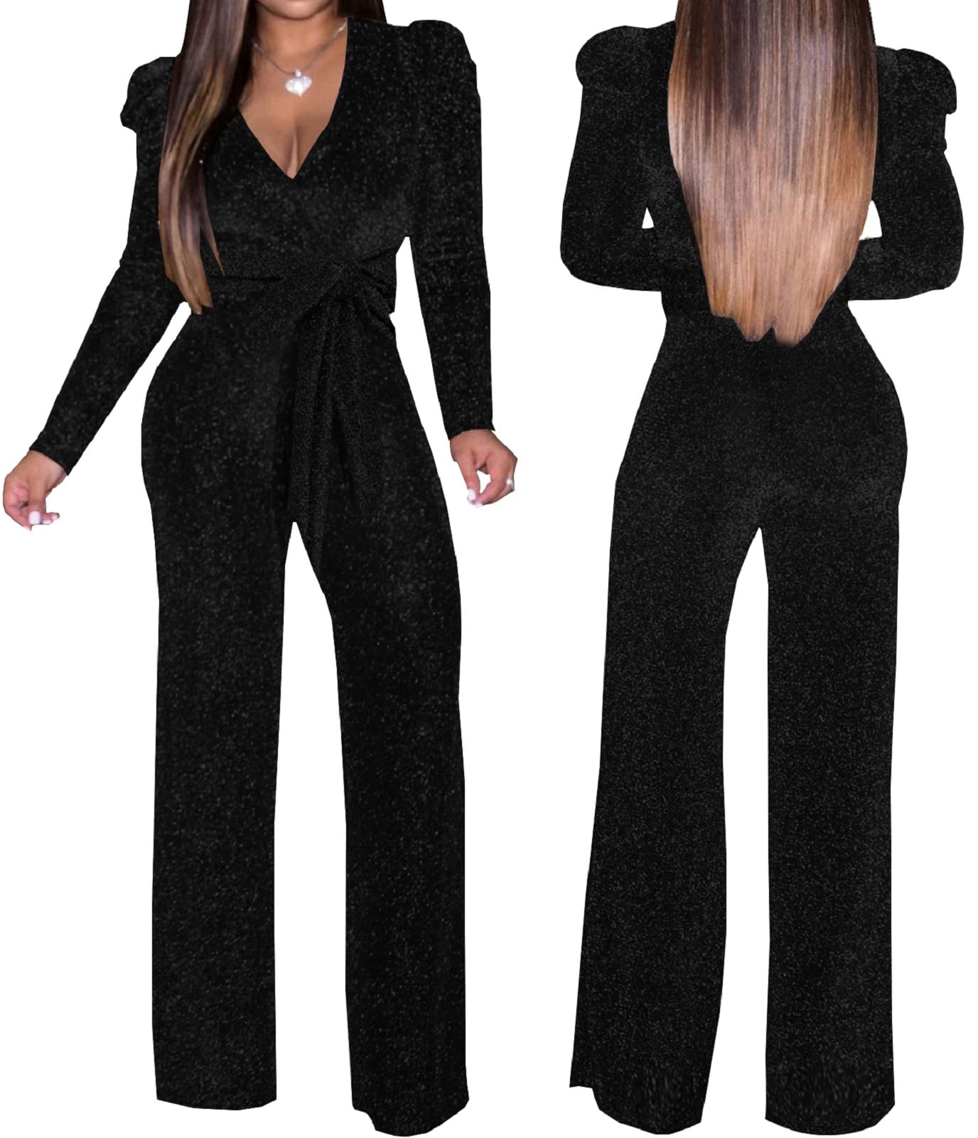 Women's Sparkly Jumpsuits Sexy Long Sleeve Cocktail Elegant Mock Neck Bodycon Straight Long Pants Rompers with Pockets