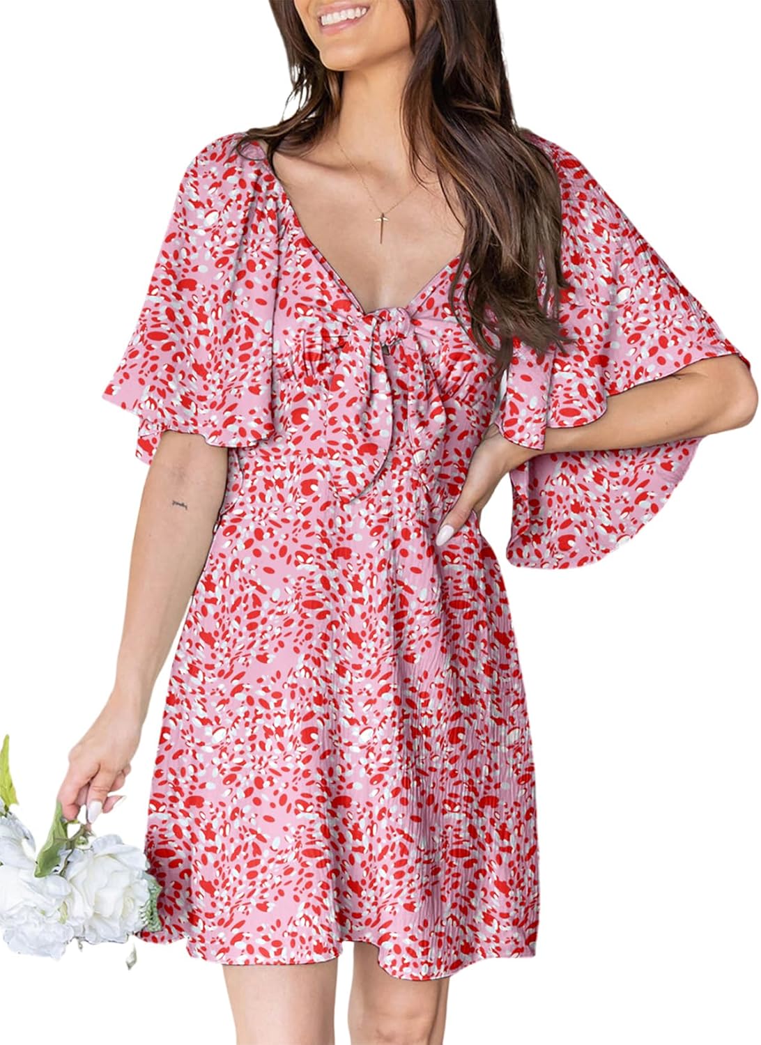 Women's Deep V-Neck Mini Dress with Bow Tie - Elegant Summer Fall Outfit Multicoloured C