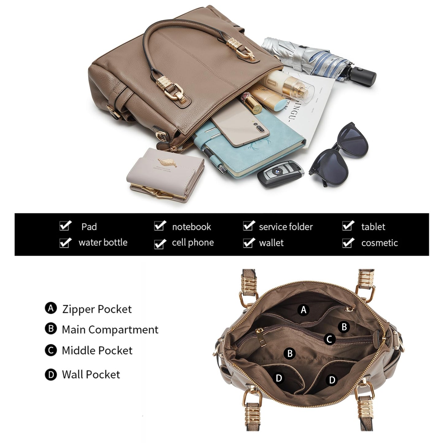 Women Genuine Leather Handbag - Soft Satchel Tote Shoulder Bag with Adjustable Strap