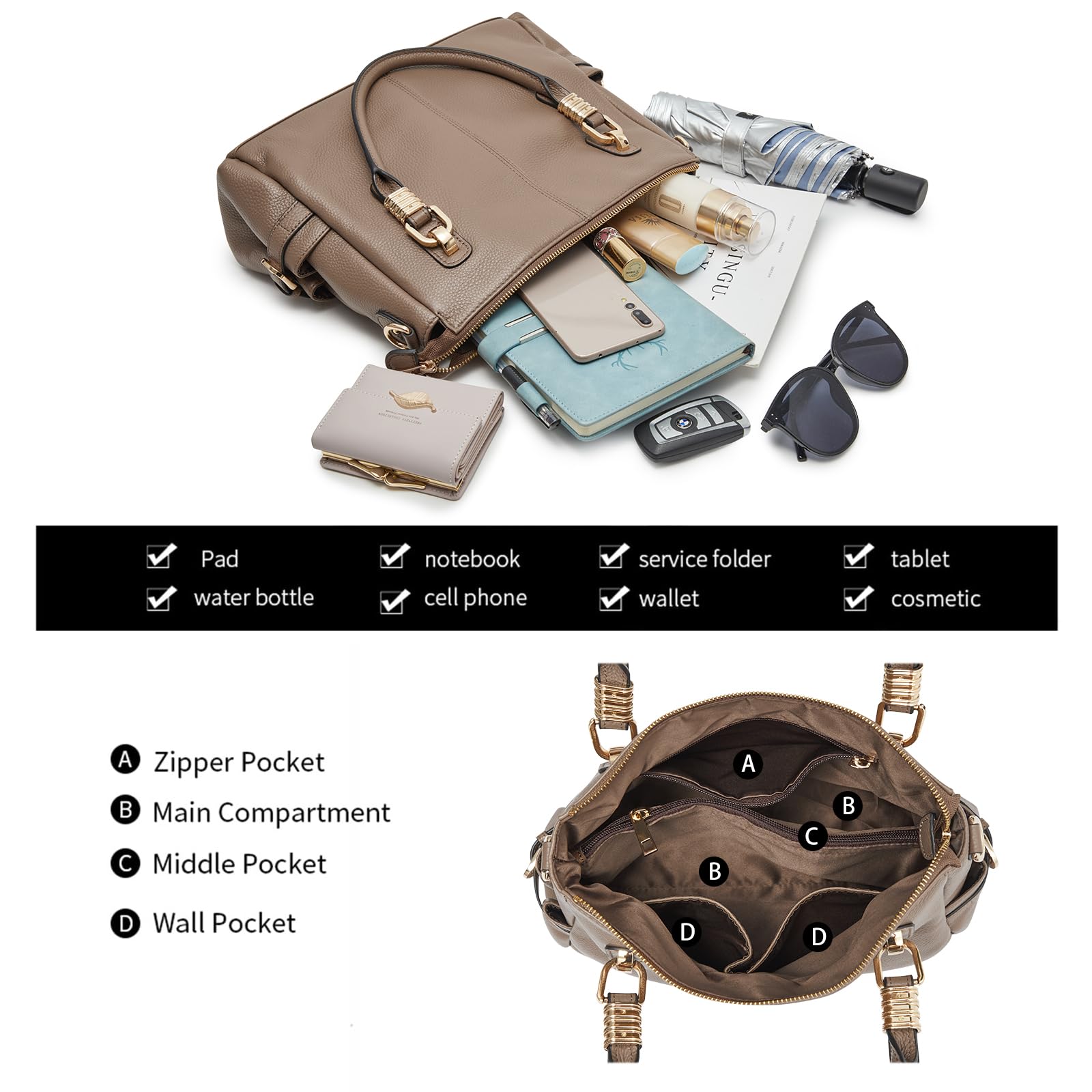 Women Genuine Leather Handbag - Soft Satchel Tote Shoulder Bag with Adjustable Strap