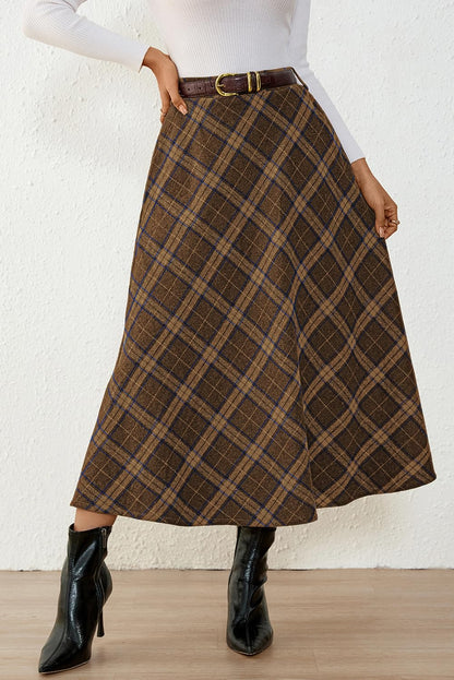 Women's Plaid Skirts - High Waist A-Line Midi Tartan Skirt with Pockets