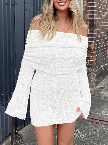 Women's Off Shoulder Beach Cover Up - Sheer Bell Sleeve Mini Dress for Swimwear