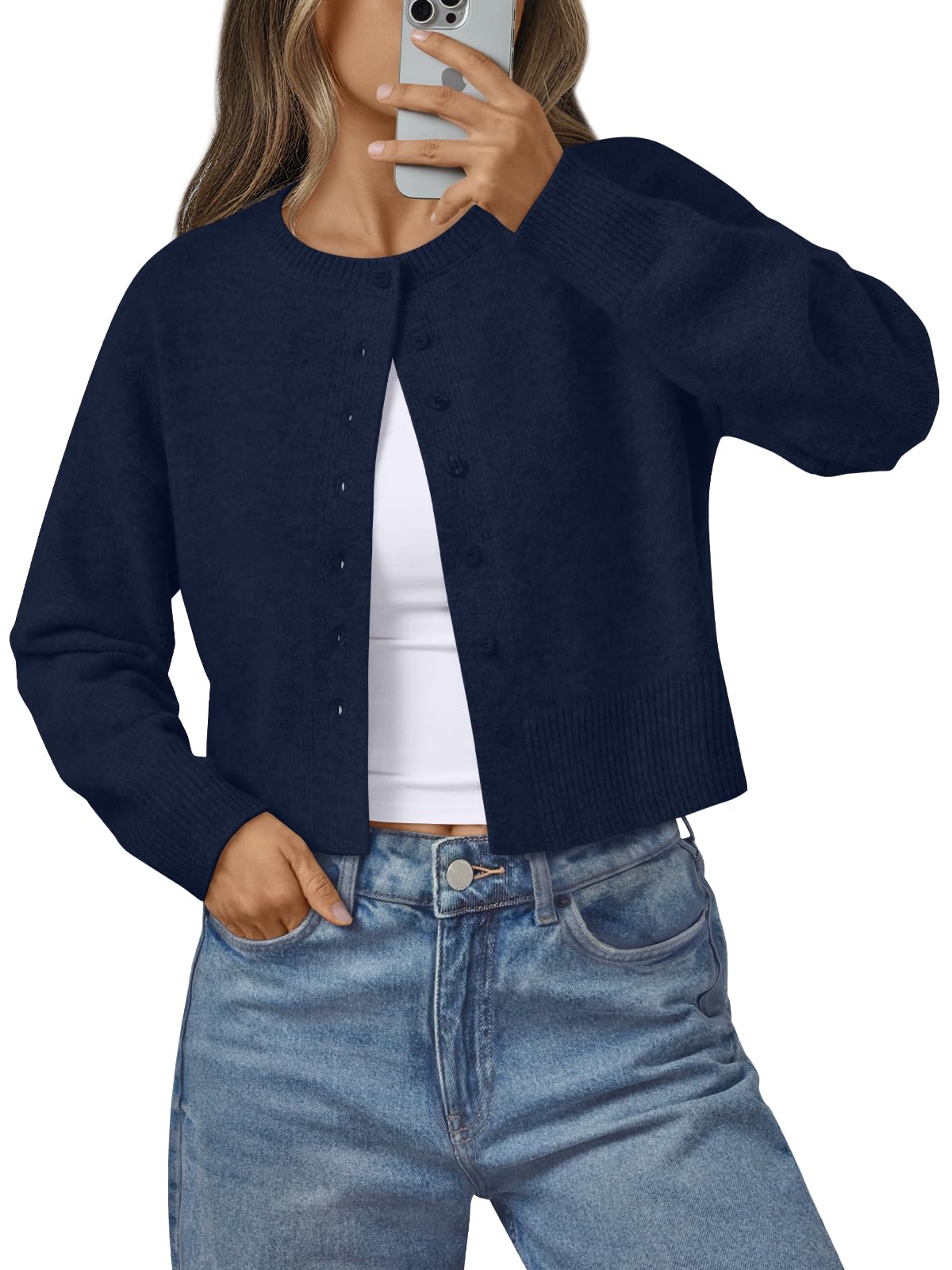 Women's Cropped Cardigan Sweaters - Lightweight Fall Button Up Knit Navy