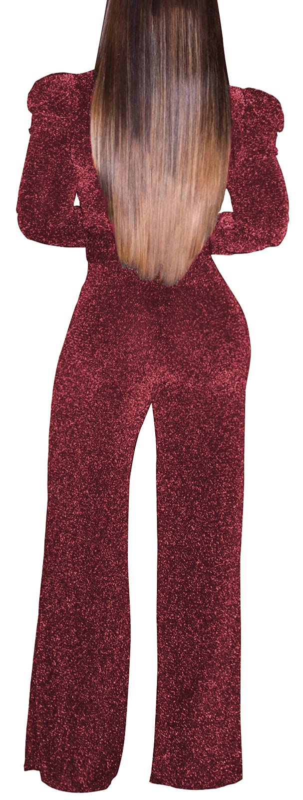 Women's Sparkly Jumpsuits Sexy Long Sleeve Cocktail Elegant Mock Neck Bodycon Straight Long Pants Rompers with Pockets