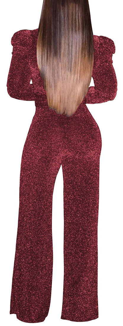 Women's Sparkly Jumpsuits Sexy Long Sleeve Cocktail Elegant Mock Neck Bodycon Straight Long Pants Rompers with Pockets