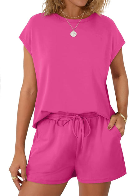 Women's 2 Piece Summer Lounge Set Crew Neck Short Sleeve Tracksuit