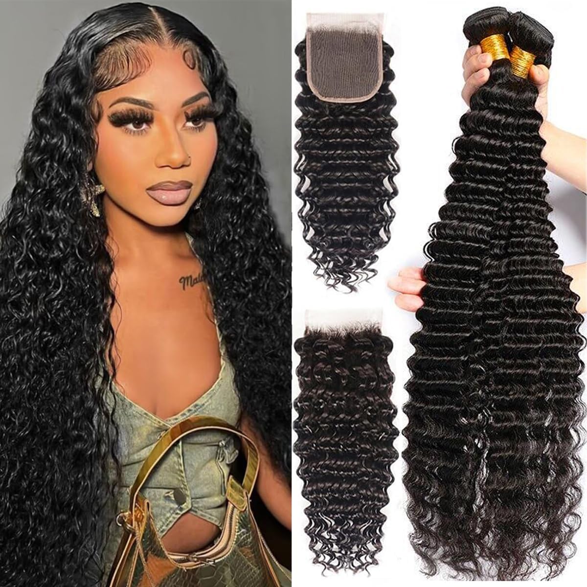 Brazilian Virgin Hair Bundles Deep Wave Human Hair Extensions 26 28 30+22 Inch Deep Wave Bundles with Closure