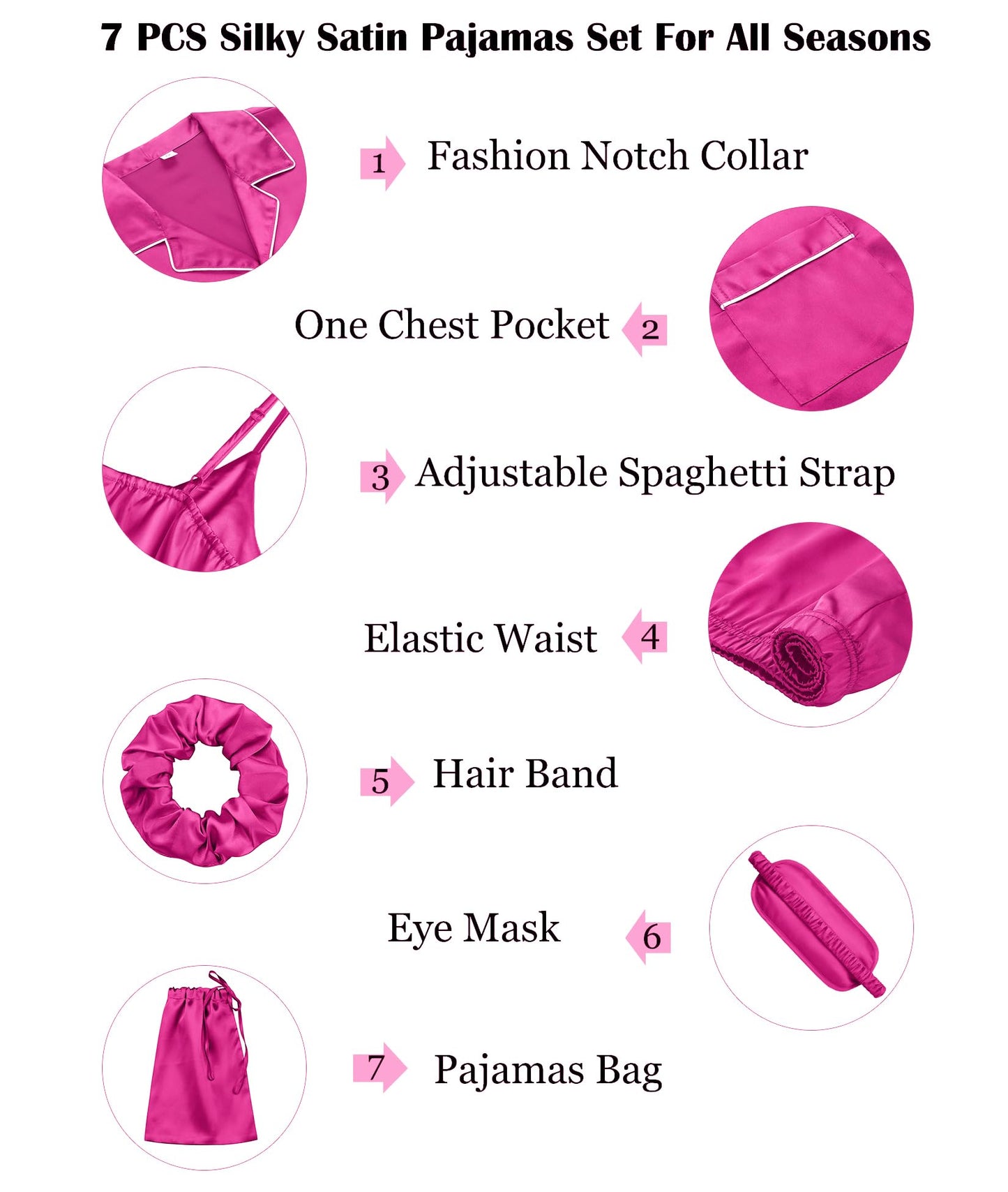 SWOMOG Womens Silk Satin Pajamas Sets 7pcs Sleepwear Sexy Cami Shorts Set and Button Down Short Sleeve Satin Pjs